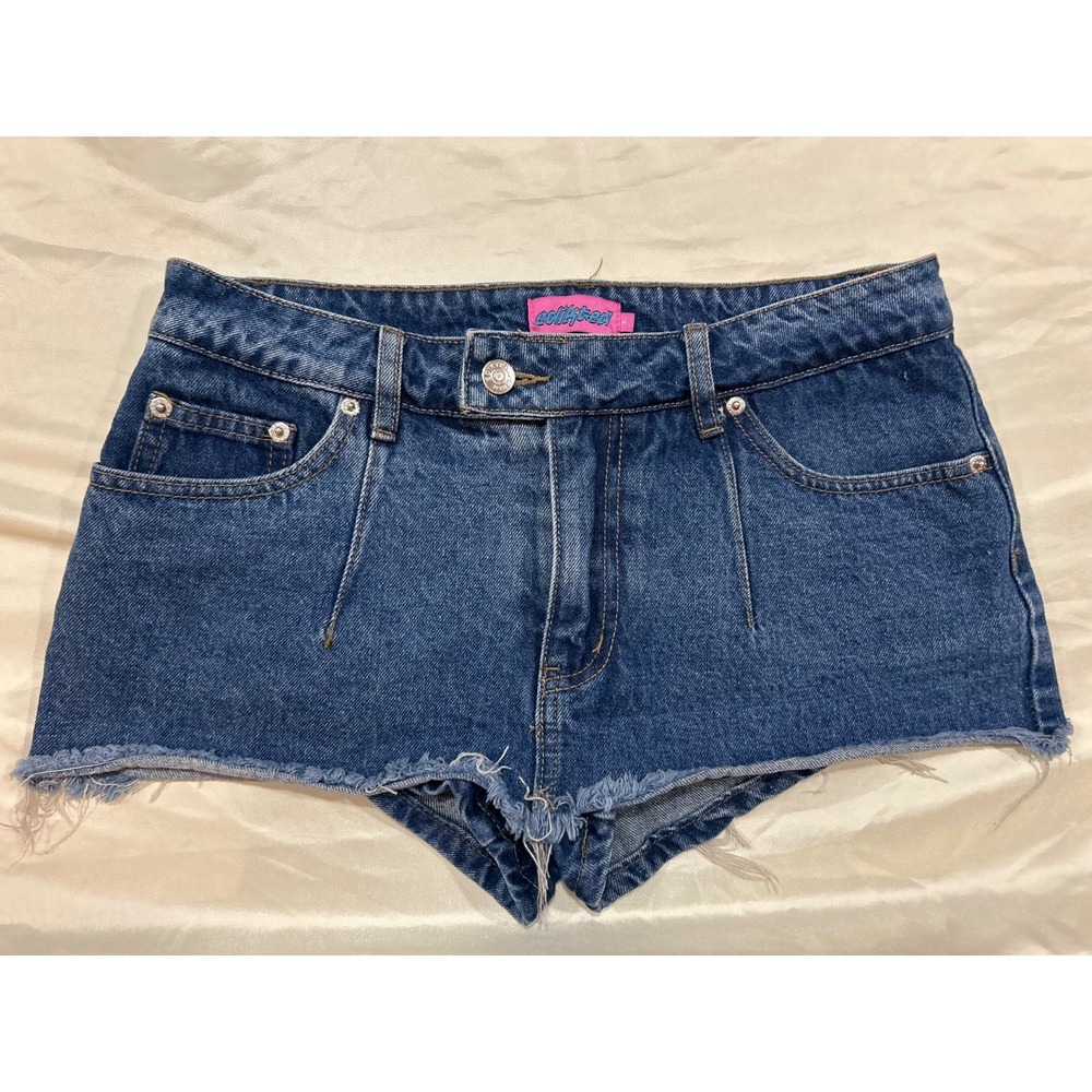 EUC Edikted Women's Blue Denim Cut Off Shorts Size Small Mid Rise 5-Pocket